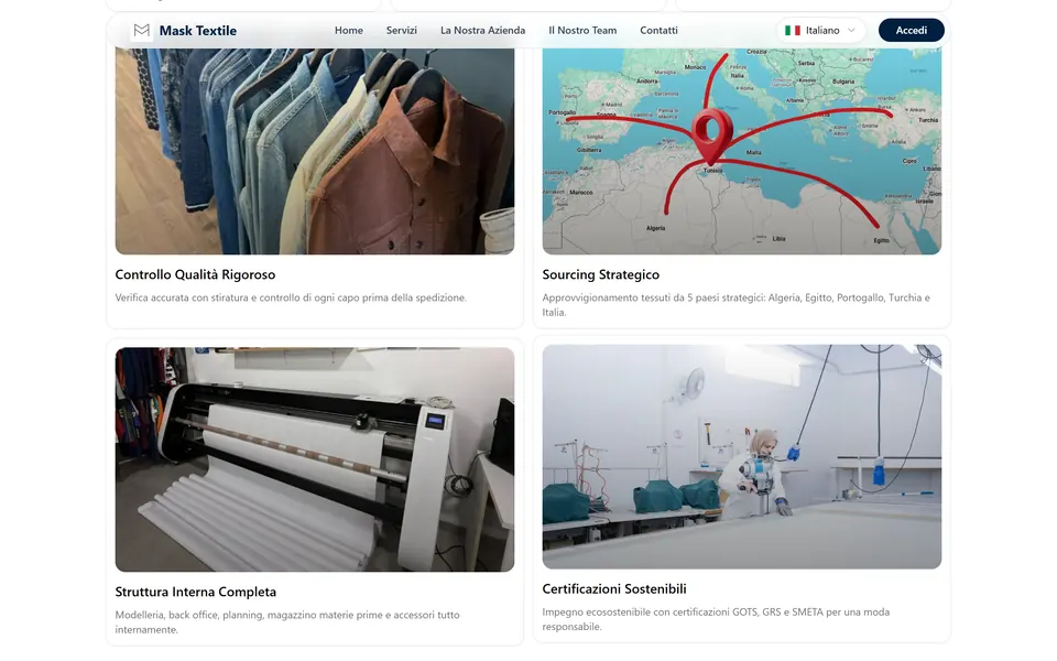 The Controllo Qualità Rigoroso and Sourcing Strategico cards, with the map of the countries the fabrics come from