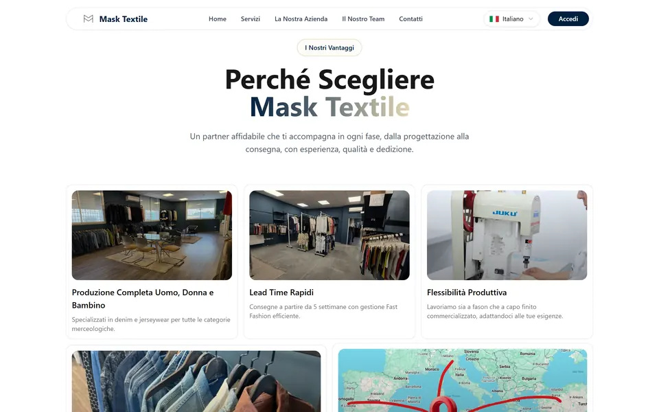 “Perché Scegliere Mask Textile” with the advantage cards, each with its own photo