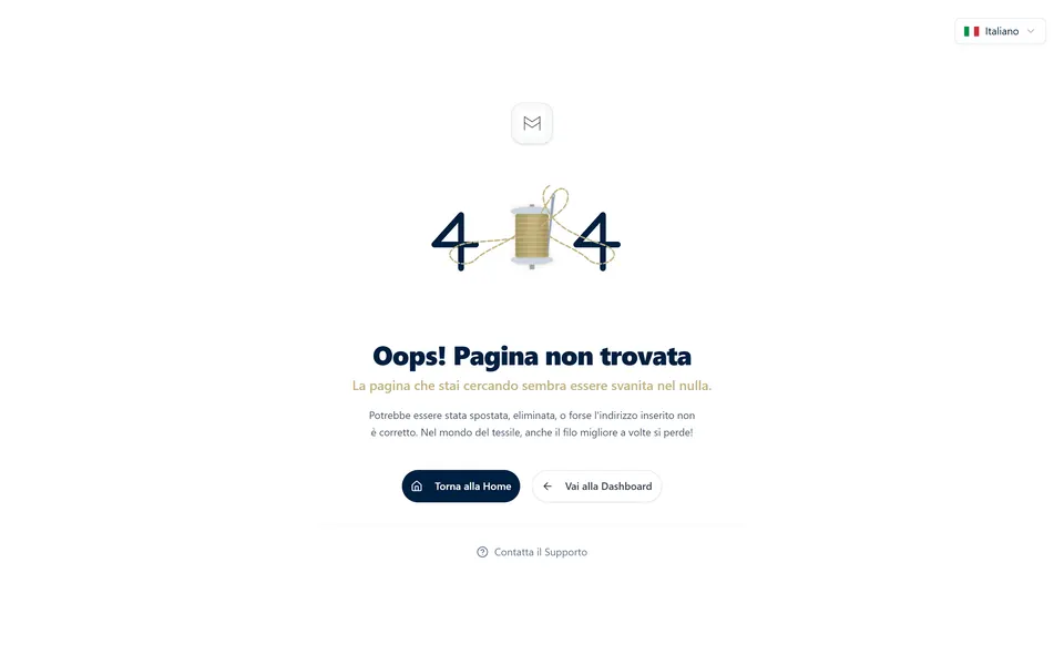 404 page: a spool of thread in place of the zero and “Oops! Pagina non trovata”