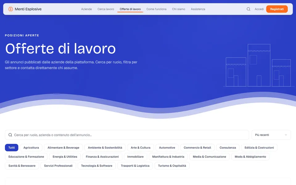 Pagina Offerte di lavoro con la ricerca e i settori