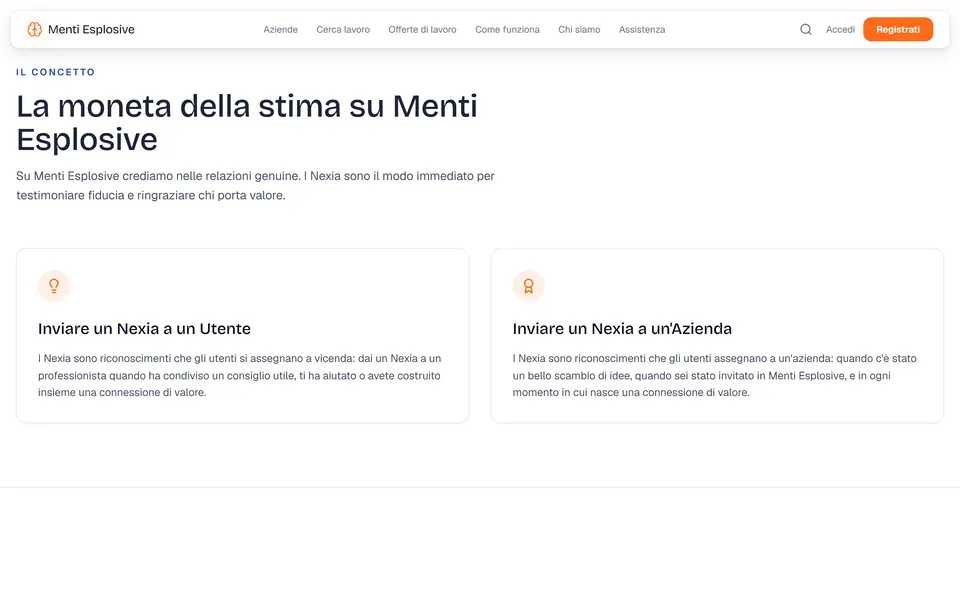 “La moneta della stima su Menti Esplosive” con le schede per inviare un Nexia a un utente o a un'azienda