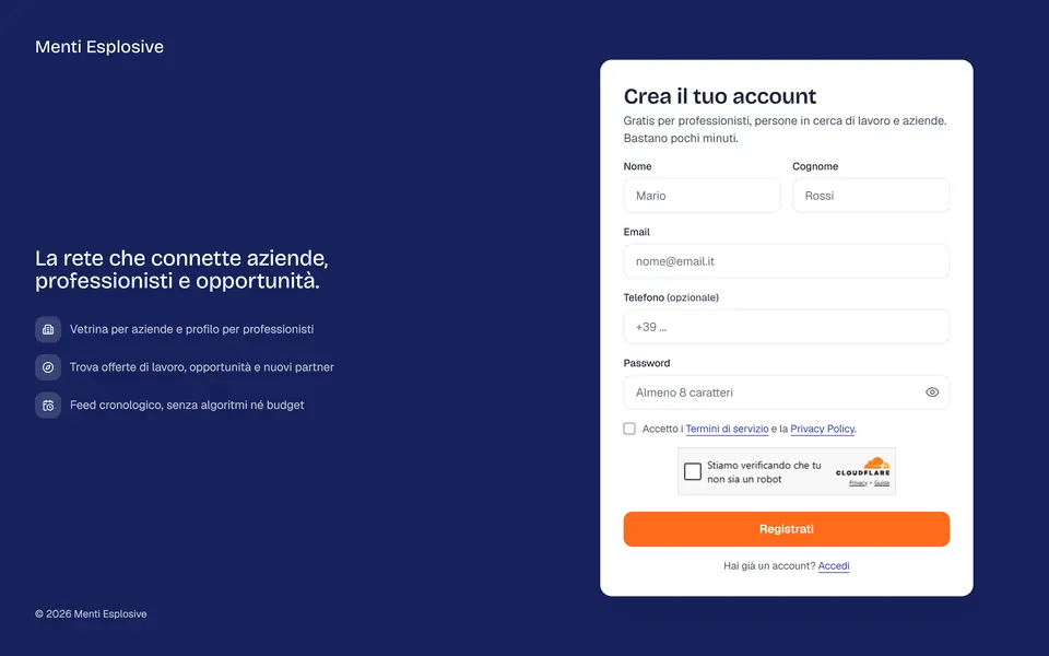 La pagina “Crea il tuo account” con il modulo di registrazione