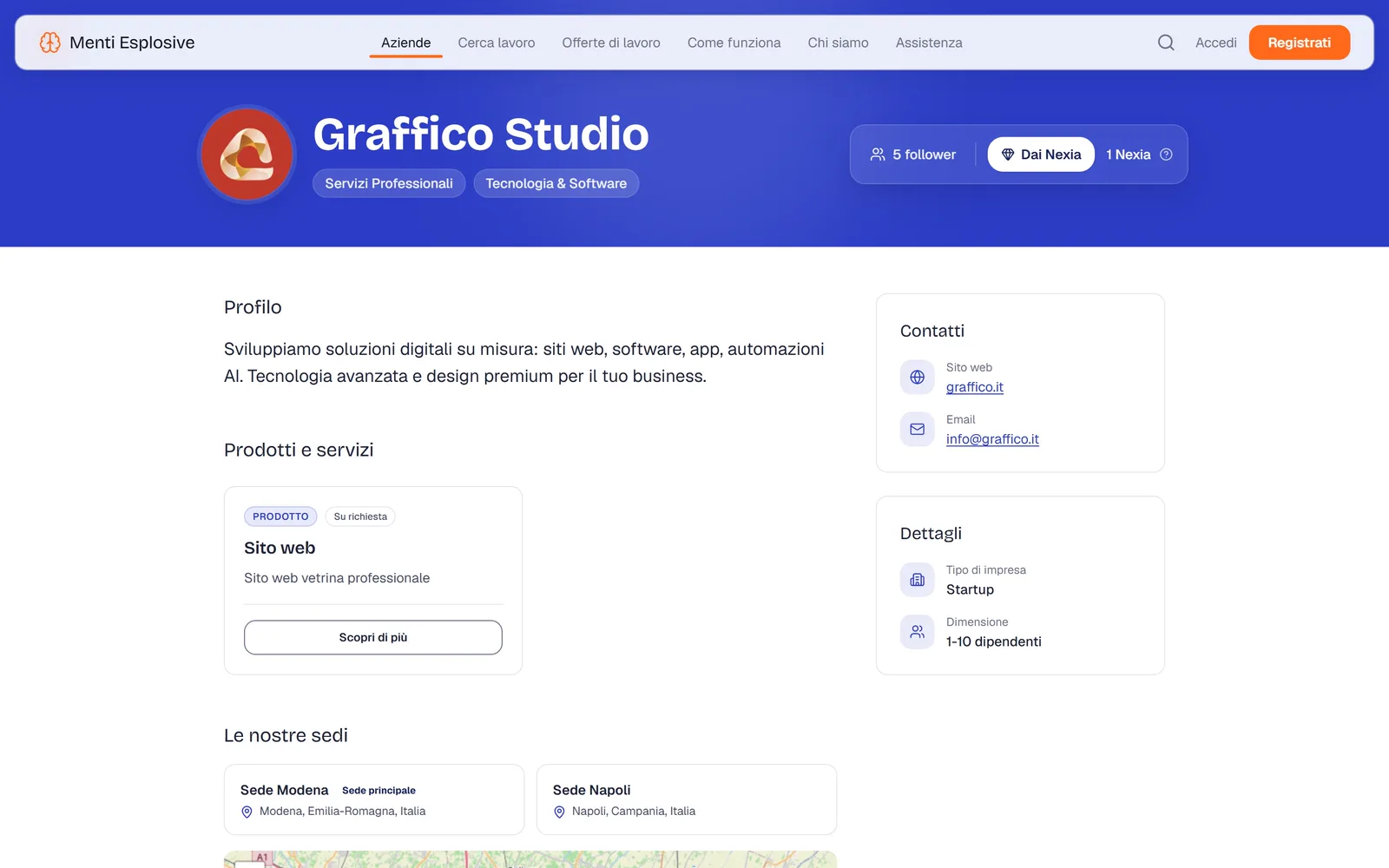 La pagina di Graffico Studio su Menti Esplosive: profilo, prodotti, sedi sulla mappa, team e post