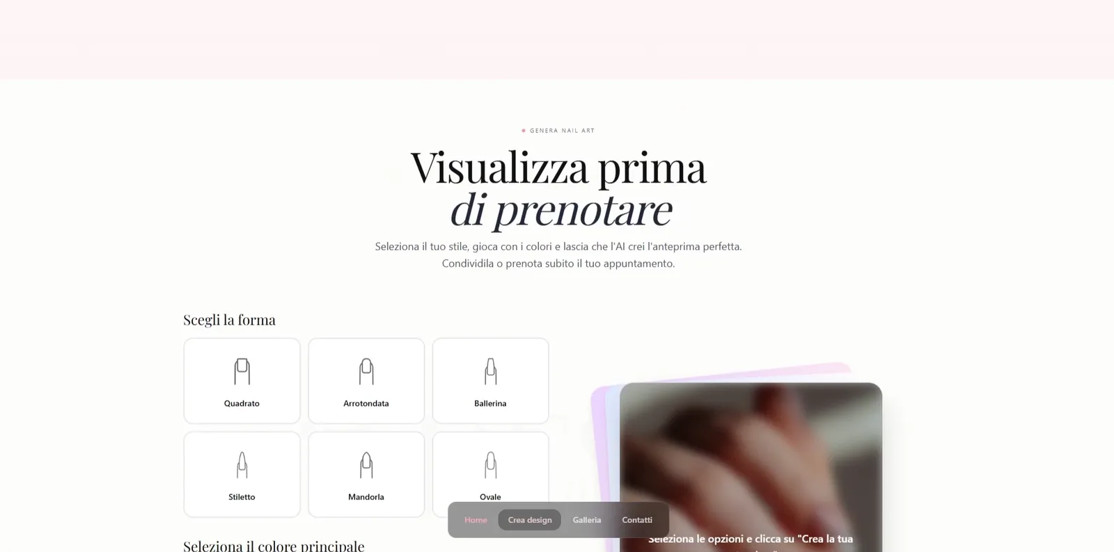 La sezione Crea design: si sceglie la forma Arrotondata e il colore Rosso, si scrive “Fiori con dettagli” e l'AI crea l'anteprima, unghie rosse con piccoli fiori