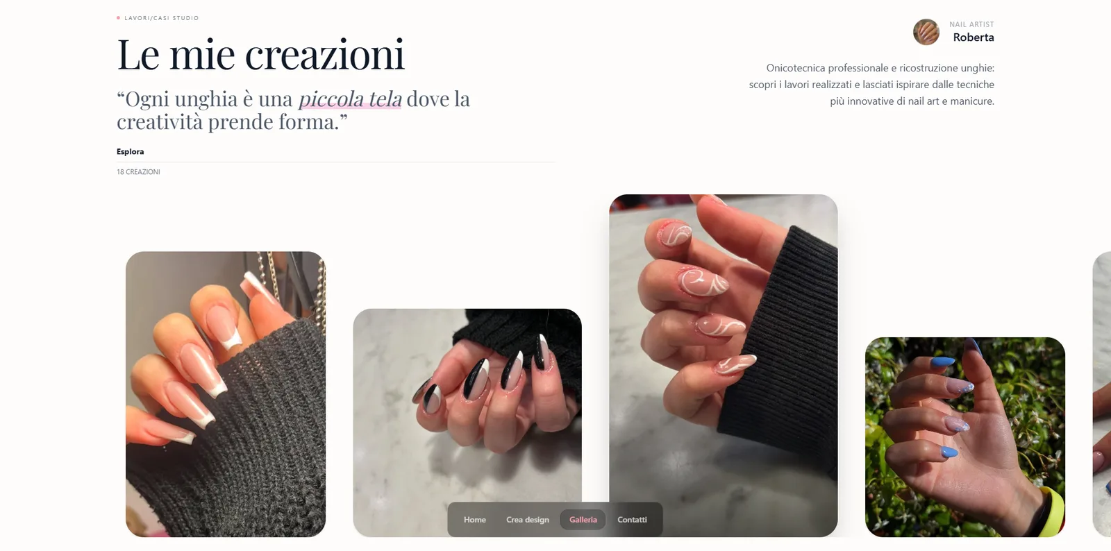 La sezione “Le mie creazioni”: il titolo resta fermo e le foto delle nail art di Roberta scorrono in orizzontale