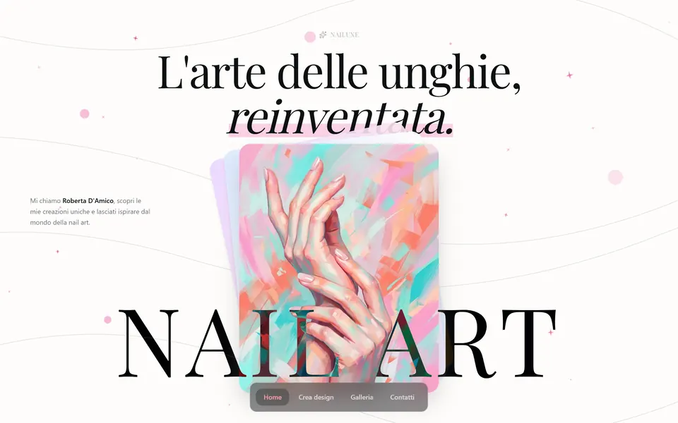 La prima schermata: “L'arte delle unghie, reinventata.” con un'illustrazione di mani e la grande scritta Nail art