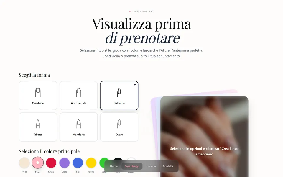 “Visualizza prima di prenotare” con la forma Ballerina e il colore Rosa scelti, accanto al riquadro dell'anteprima
