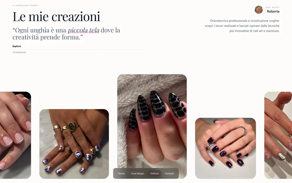“Le mie creazioni” con la presentazione di Roberta e le foto di alcuni lavori, a metà dello scorrimento