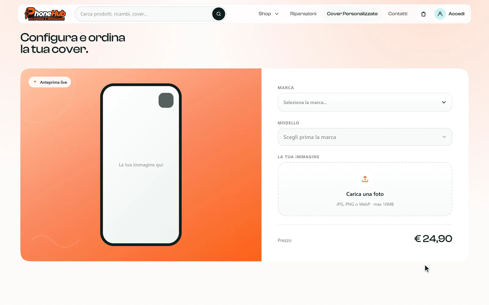 Il configuratore delle cover: si scelgono Apple e iPhone 17 Pro, si carica un disegno del Vesuvio al tramonto e l'anteprima sulla cover si aggiorna