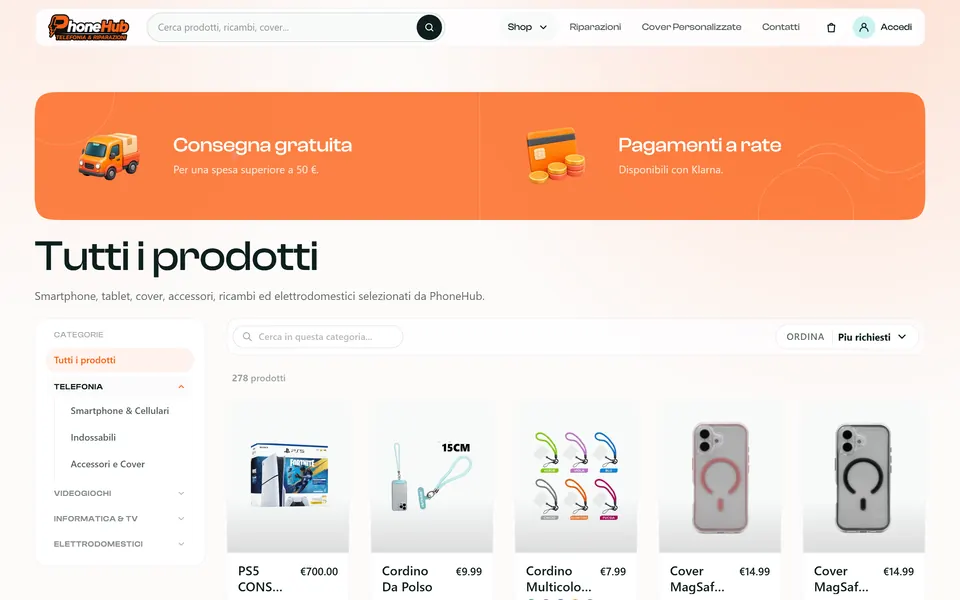 Pagina Tutti i prodotti: le categorie a sinistra, la ricerca nella categoria e l'ordinamento sopra la griglia dei prodotti
