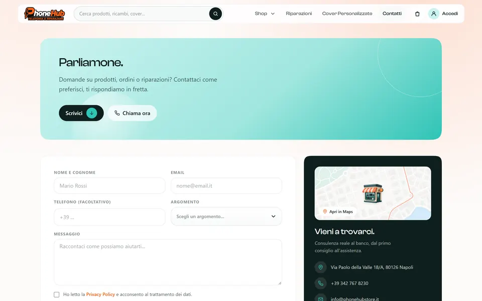 “Parliamone.” con il modulo di contatto e il riquadro Vieni a trovarci con indirizzo e telefono del negozio