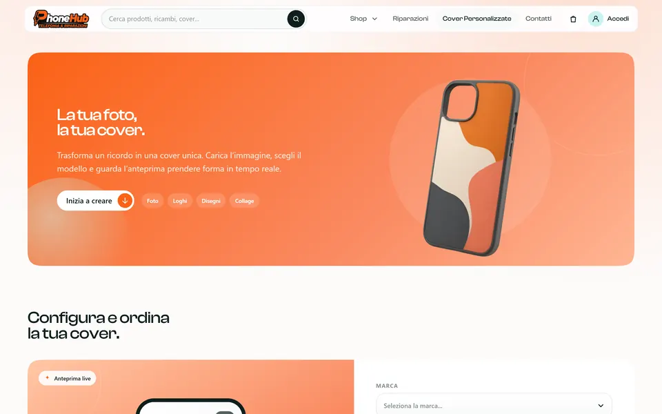Pagina Cover personalizzate: “La tua foto, la tua cover.” su fondo arancione, con una cover decorata