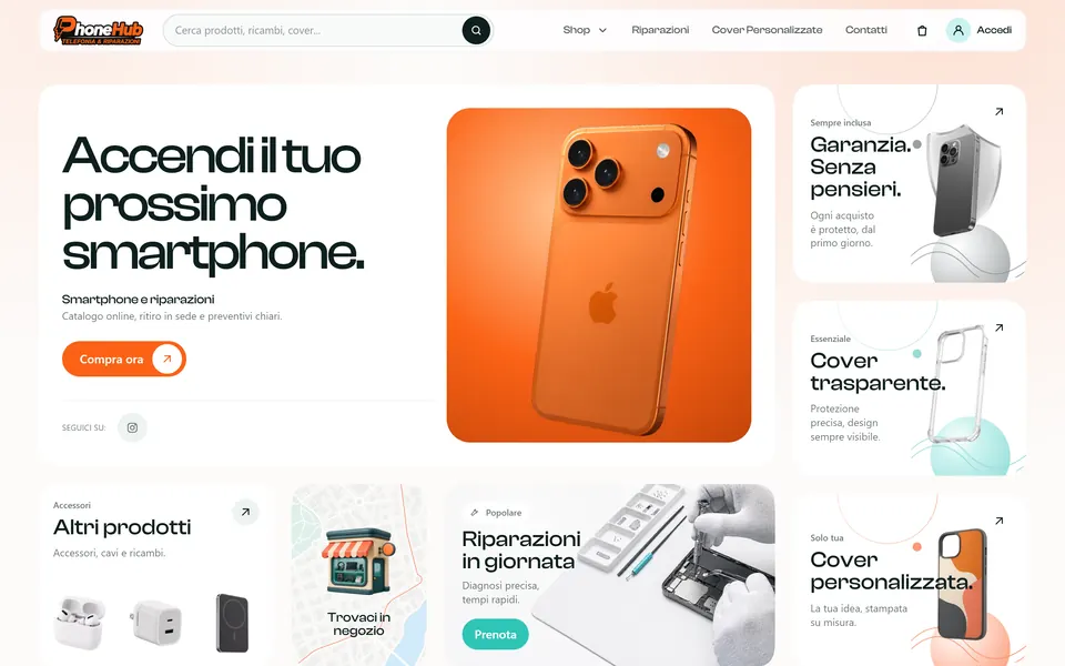 La prima schermata: “Accendi il tuo prossimo smartphone.” con un iPhone arancione e le schede Garanzia, Cover trasparente e Cover personalizzata