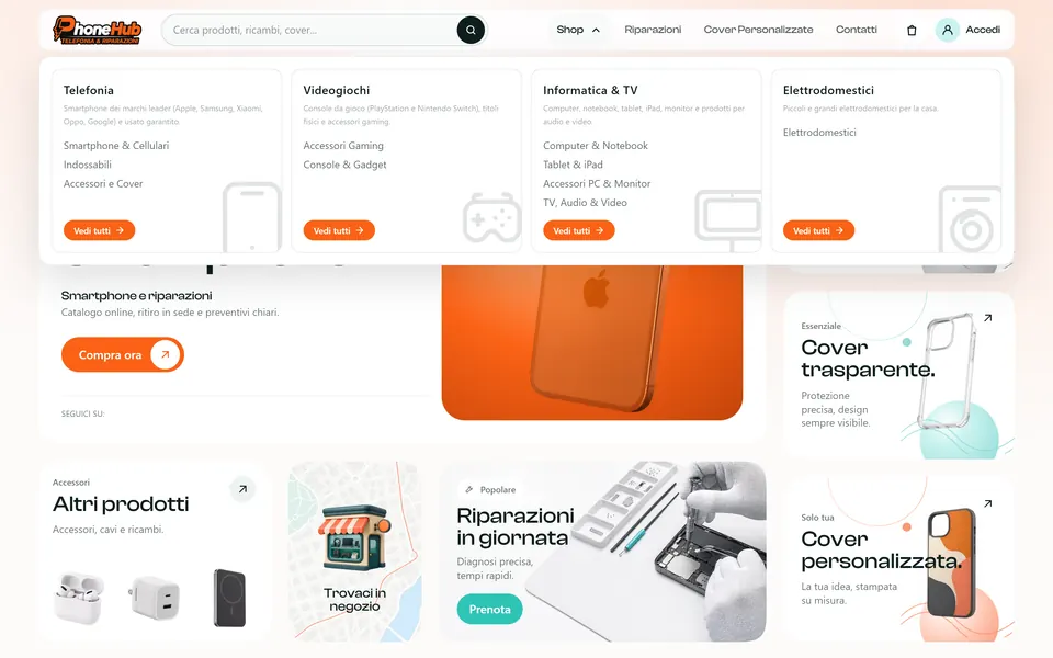 Il menu Shop aperto: Telefonia, Videogiochi, Informatica & TV ed Elettrodomestici, ognuna con le sue categorie