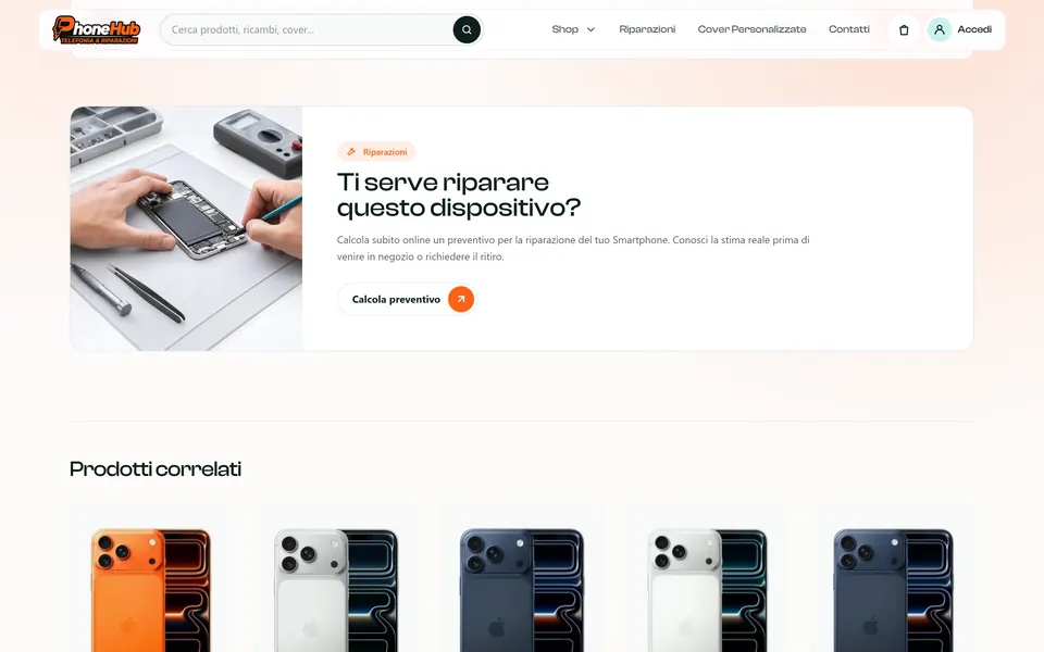 Nella scheda di un iPhone il riquadro “Ti serve riparare questo dispositivo?” con il bottone Calcola preventivo, sopra i prodotti correlati