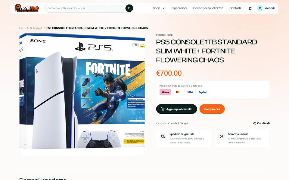 La scheda di una PS5 Slim con il prezzo, i metodi di pagamento, i bottoni Aggiungi al carrello e Compra ora, spedizione e garanzia