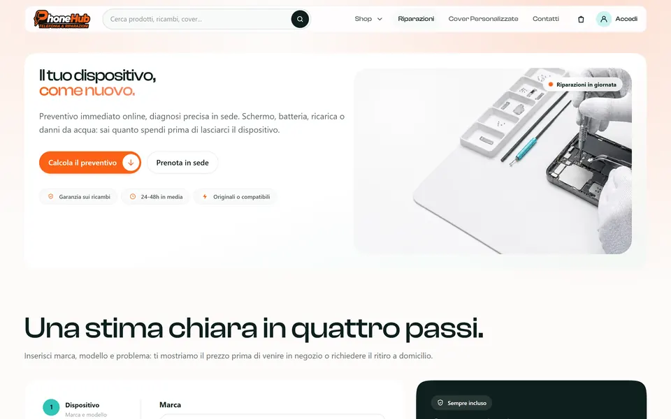 Pagina Riparazioni: “Il tuo dispositivo, come nuovo.” con i bottoni Calcola il preventivo e Prenota in sede e la foto di un telefono aperto sul banco