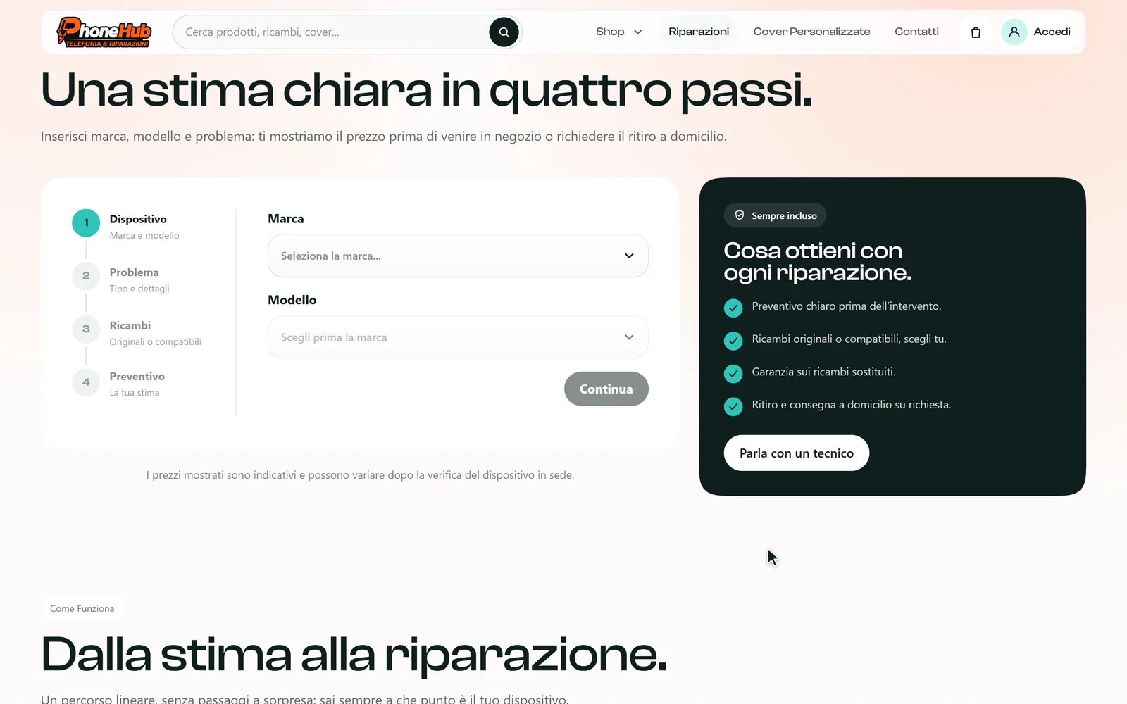 Il preventivo della pagina Riparazioni: si scelgono Apple e iPhone 13, il problema Schermo rotto e i ricambi compatibili, poi compare il prezzo stimato