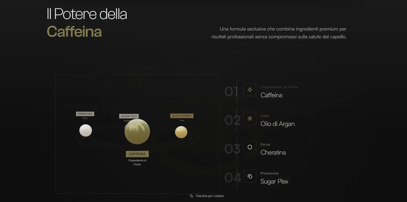 La scena 3D della caffeina in home: le sfere degli ingredienti girano intorno alla caffeina e, passandoci sopra, si ingrandiscono e aprono la loro descrizione