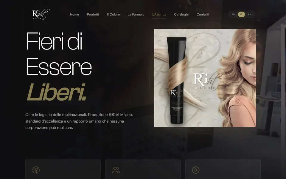 Pagina L'Azienda: “Fieri di Essere Liberi.” con la foto di un tubo di colore e di una modella bionda