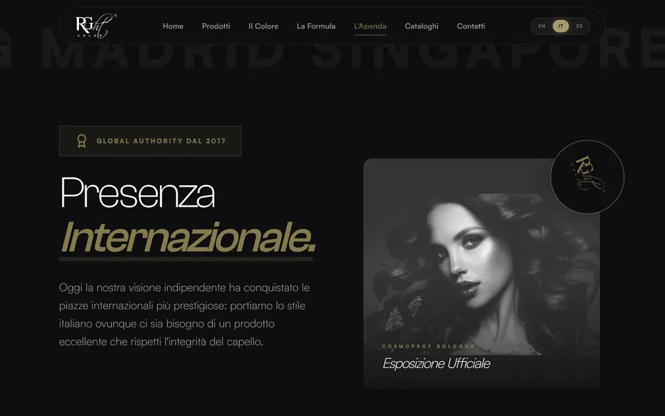 “Presenza Internazionale.” con un ritratto in bianco e nero e la scritta Cosmoprof Bologna
