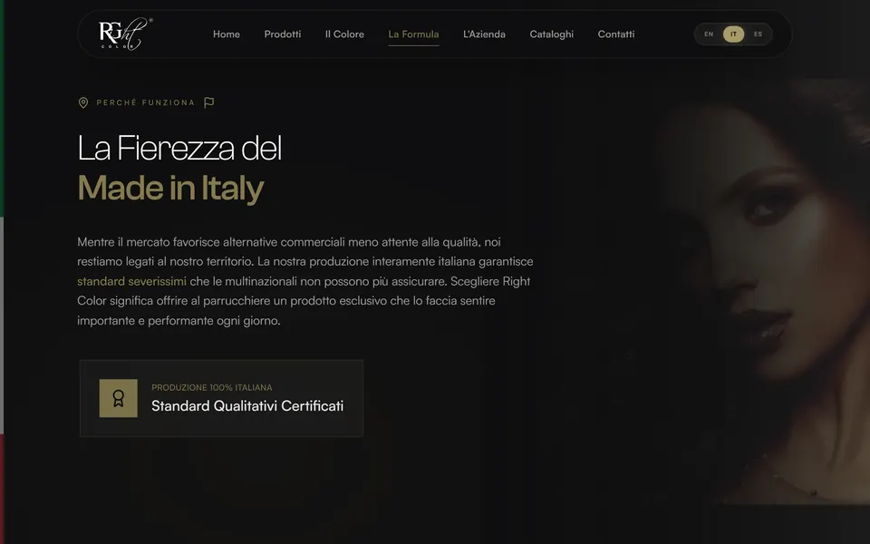 “La Fierezza del Made in Italy” con il volto di una modella e il riquadro “Standard Qualitativi Certificati”