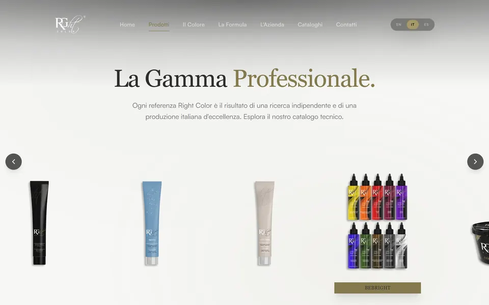 Pagina Prodotti: “La Gamma Professionale.” con i prodotti in fila in un carosello
