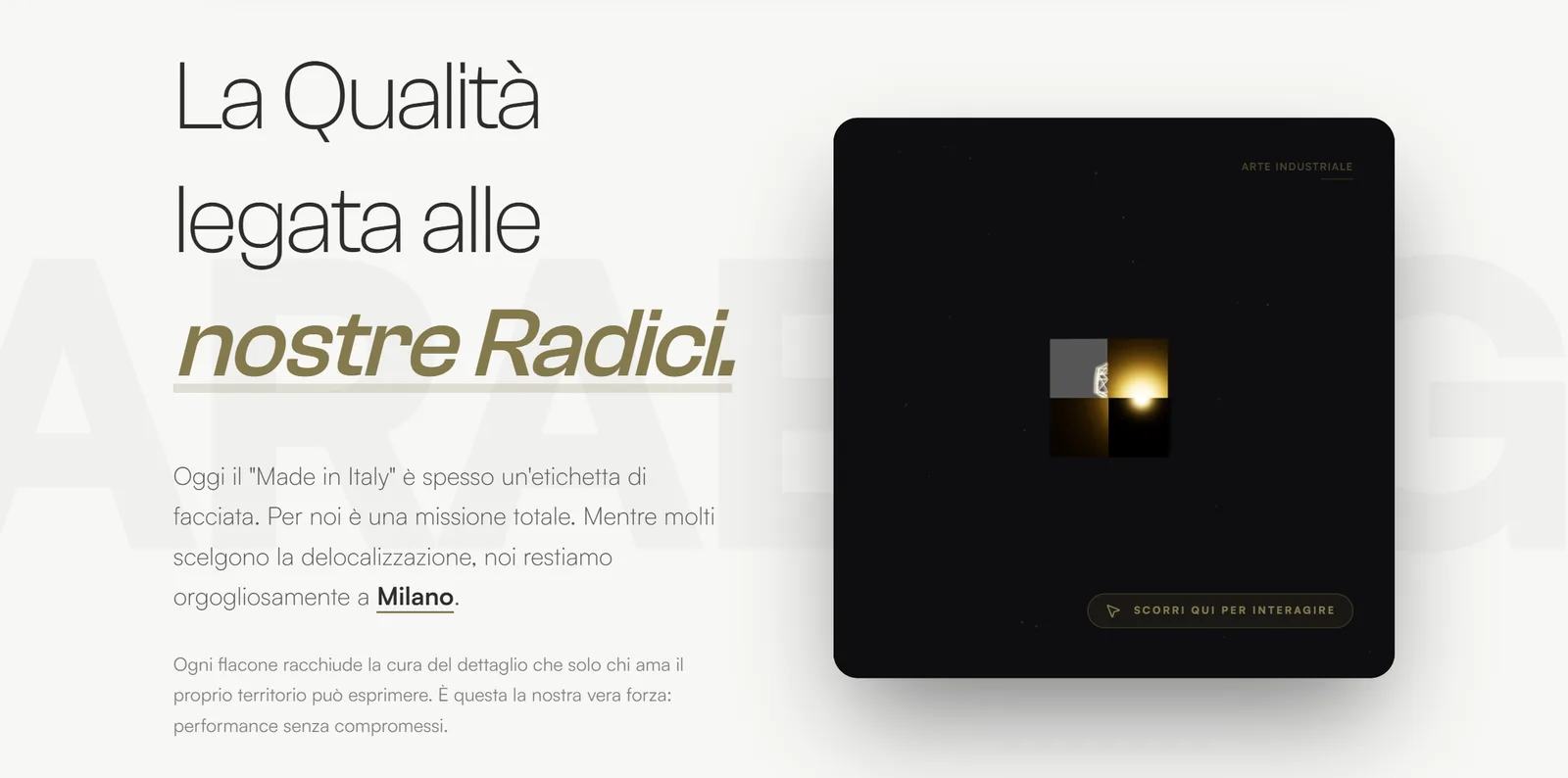 La card 3D della pagina L'Azienda: i quattro blocchi si aprono, al centro cresce un dodecaedro dorato, poi si richiudono